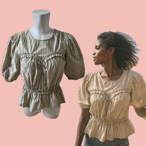 Modern American Designer Striped Peplum Blouse XS – Puff Sleeve Cottagecore Top